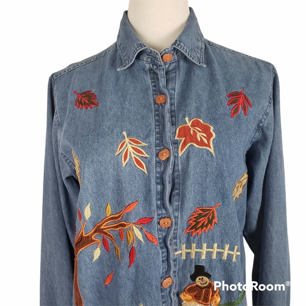 Vintage denim Bluejean fall embroidered pumpkin button up long sleeve shirt M - Picture 5 of 9